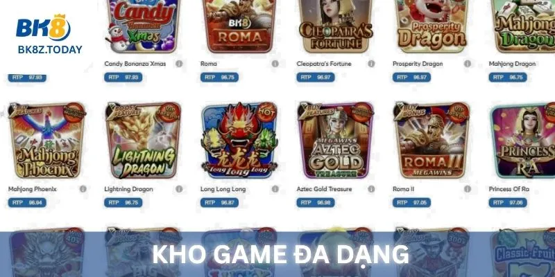  Hình ảnh kho game BK8 với các trò chơi casino, slot, thể thao hấp dẫn, sẵn sàng chờ bạn khám phá.